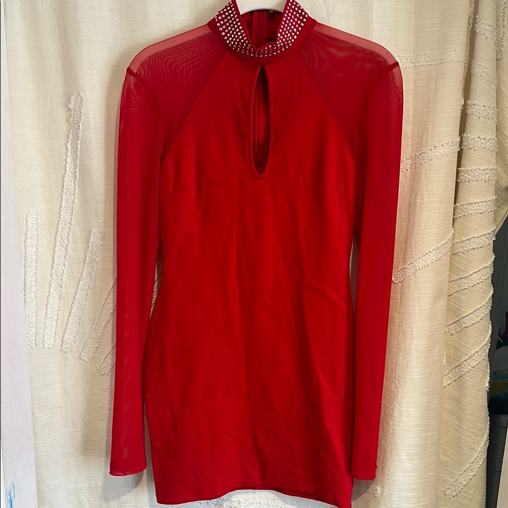 Red Mini Dress with Studded Collar and Chest Cut-Out – Size Small
